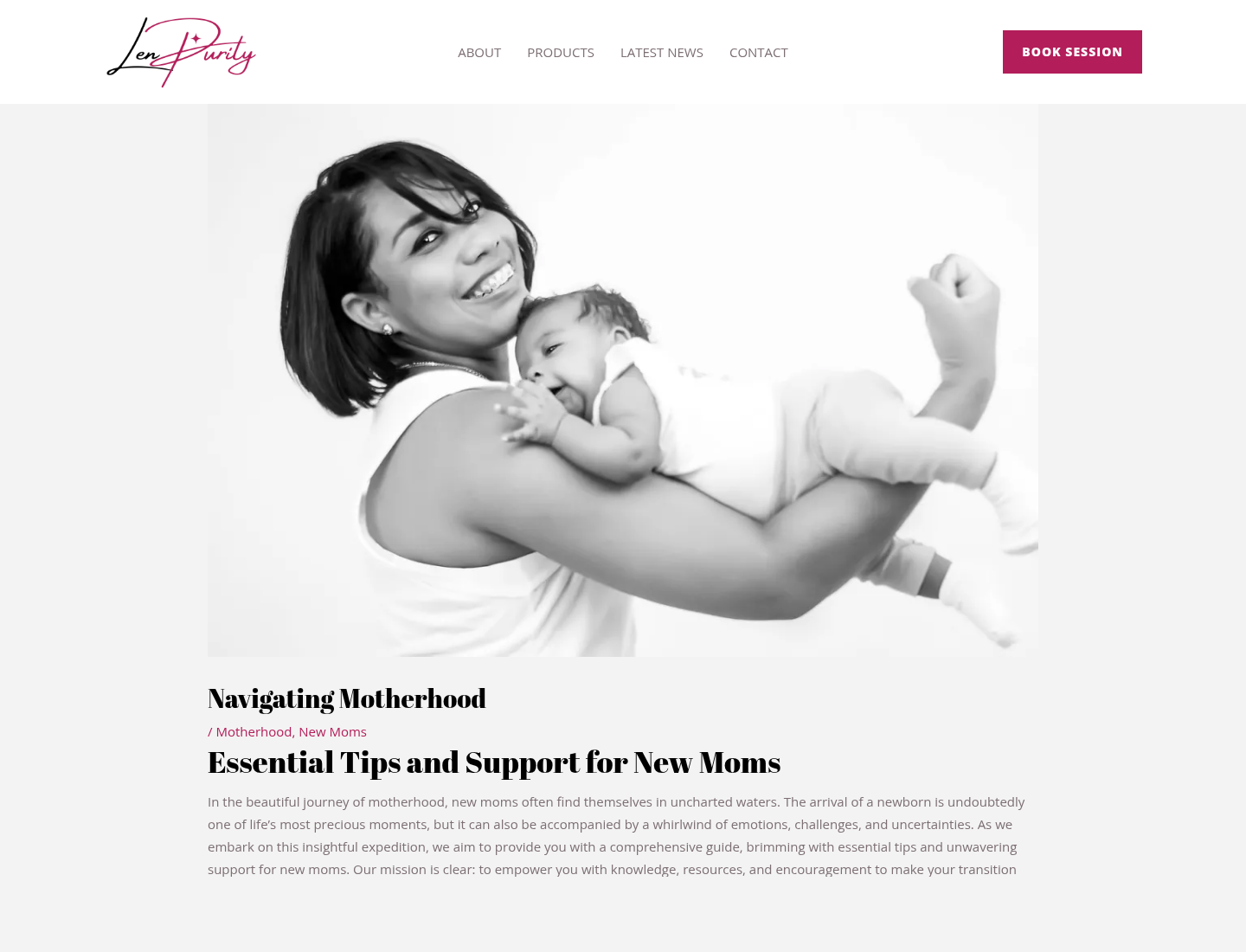 LenPurity long-form motherhood article, showing the educational-content side of the website.