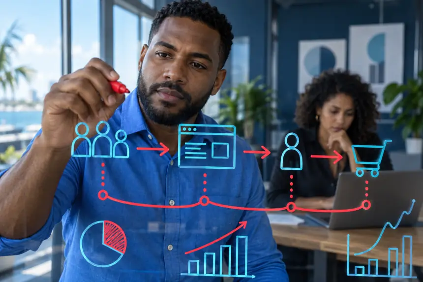 A marketing analyst reviewing the steps from a website visit to a customer inquiry