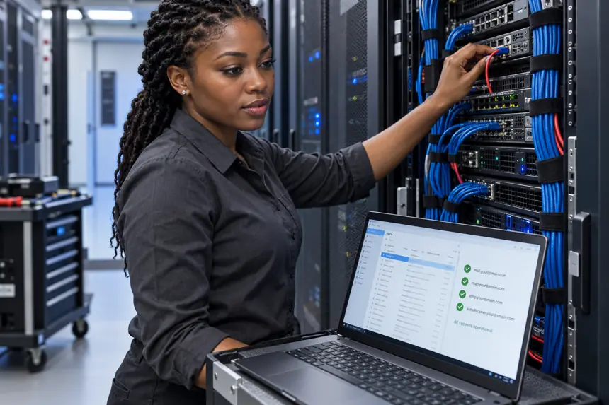 An infrastructure specialist working on business email server equipment